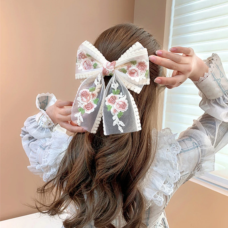 satin hair bow clip white large bows for girls hair clips women lace ribbon black Big kawaii accessories barrette wholesale