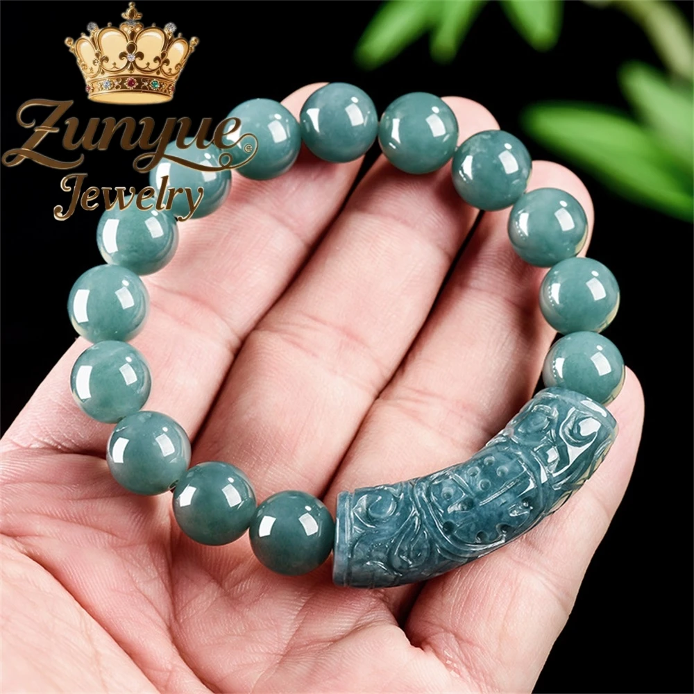 Genuine Natural A-grade Jadeite Blue Water "Fu" Character Curved Bar Bracelet Ice-type  Luxury Quality Jewelry Fine Holiday Gift view 3