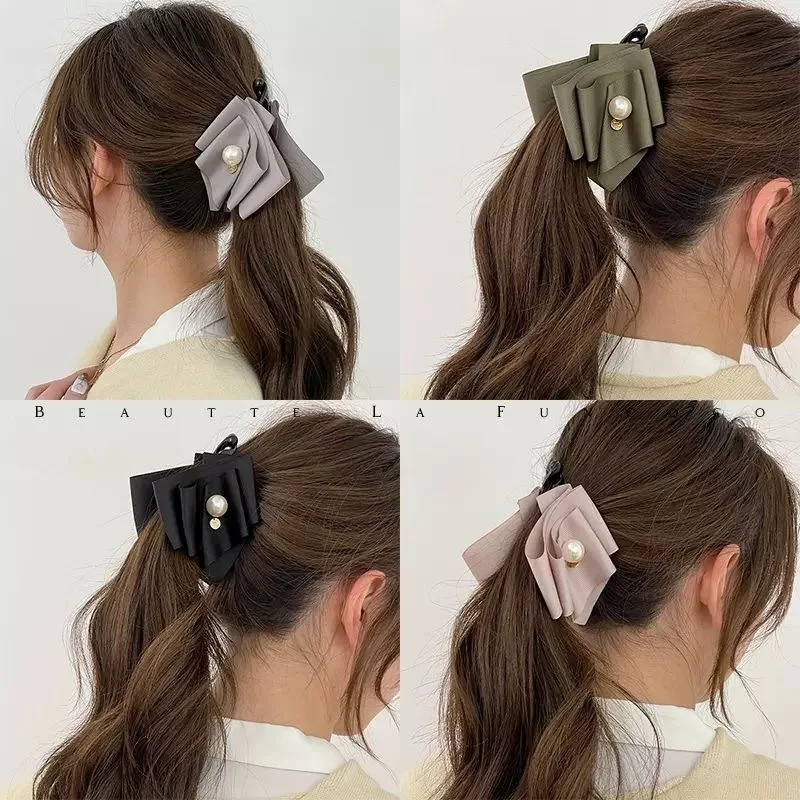 Vintage Satin Bow Banana Clip with Pearl Headwear Women Korean Fashion Vertical Ponytail Hairclip Delicate Hairpin Accessorie