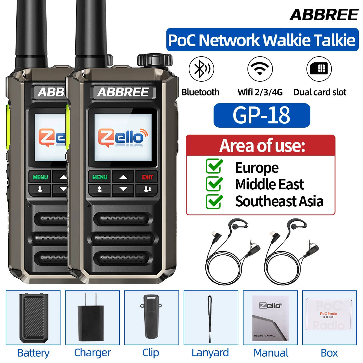 ABBREE GP-18 Zello PoC Radio Global Onbeperkt Afstand Dual Sim-kaartsleuven Android Bluetooth Zaklamp WIFI 3G /4G Netwerk Radio