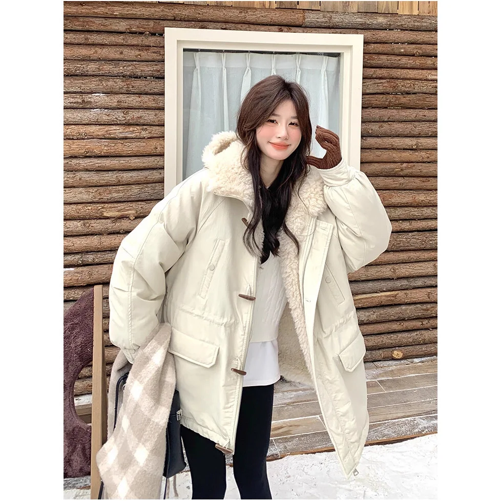Off White Pie overwint dames 2025, herfst en winter, nieuwe stijl, Koreaanse collegestijl, capuchon, warm en pluche, anti-lamhair katoen