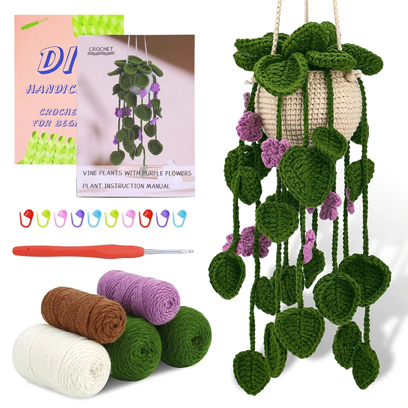 DIY Crochet Hanging Plant Kit With Instruction Easy Hand Knitting Yarn Ball Thread Needles Hooks Knit Tools Accessories Set