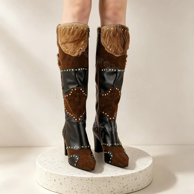 

Brown Fur Splicing Leather Rivets Pointed Toe Boots Side Zipper Women Shoes Thin High Heels Party Feast 2026 Zapatos Para Mujere