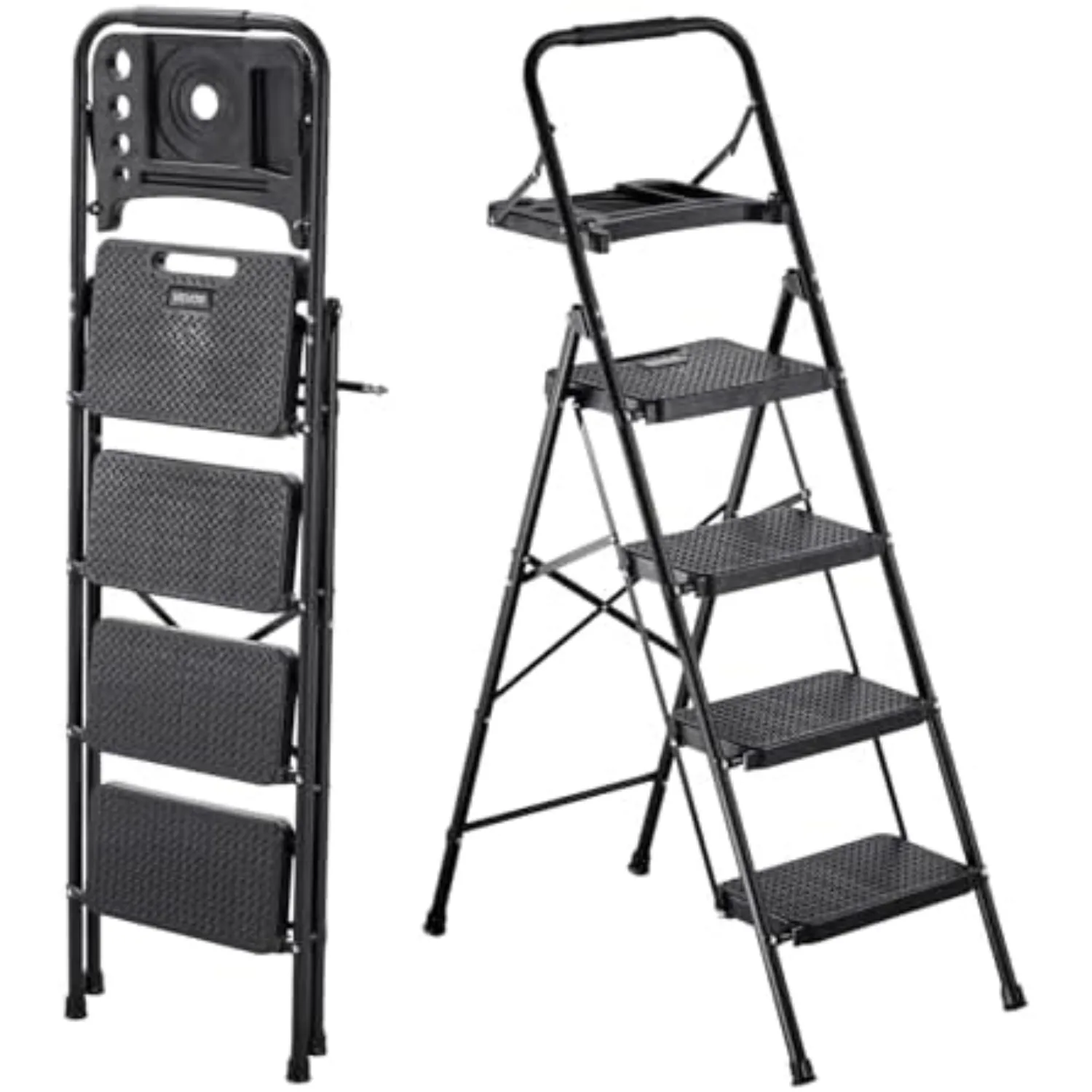 4 Step Ladder, Folding Step Stool with Wide Anti-Slip Pedal, Tool Tray, Comfort Handgrip, 600 lbs Capacity Portable