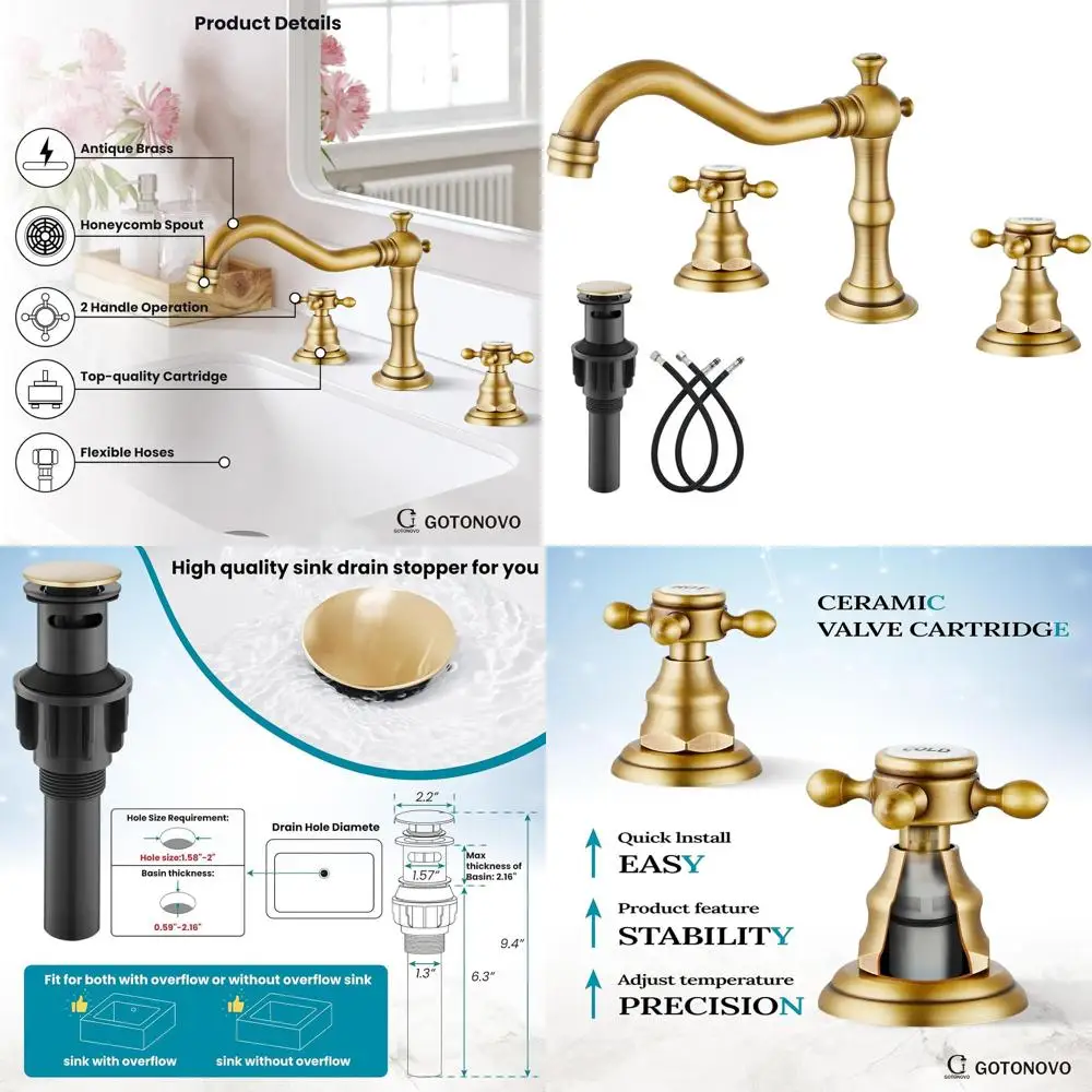 

8 Antique Brass 3-Hole Widespread Sink Faucet with 2 Cross Handles and Pop-Up Drain