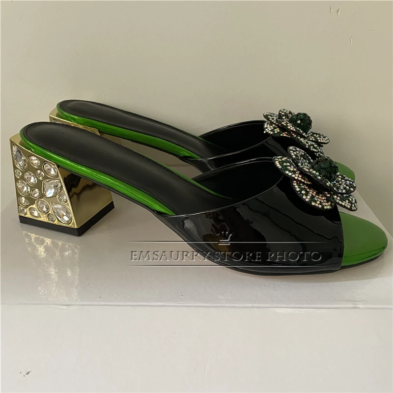 Crystal Rhinestone Flower Sandals Women Luxury Patent Leather Slingbacks Diamond Jeweled Square Heel Summer Shoes