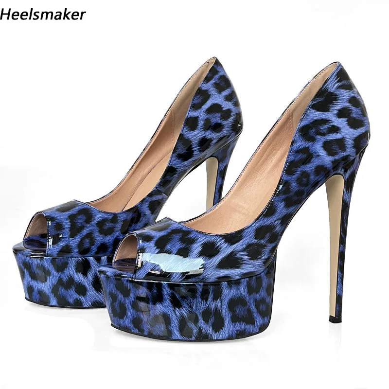 Sukeia, recién llegado, zapatos de tacón para mujer, zapatos de charol con punta abierta, tacones de aguja sexys, zapatos de leopardo azul cielo, zapatos de mujer talla grande estadounidense 5-20