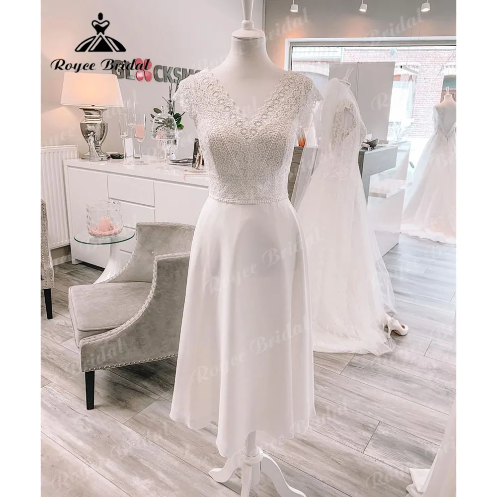 

Short V Neck Lace Bodice Cap Sleeve A Line Beach Tea-Length Wedding Dress Women 2023 Wedding Part Dress Bridal Reception Gown