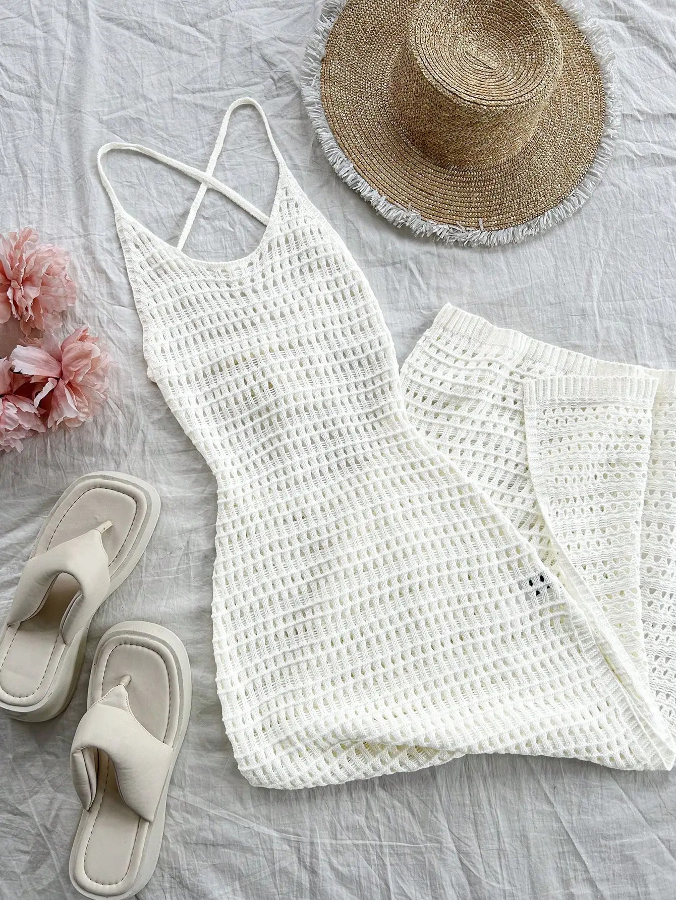 

Women's White Crochet Knit Beach Cover-Up Set with Crisscross Straps