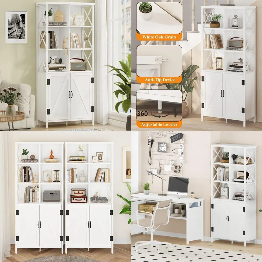 ชั้นวางหนังสือทรงสูงสไตล์อินดัสเทรียลพร้อมบานประตูและช่องเก็บของแบบลูกบาศก์