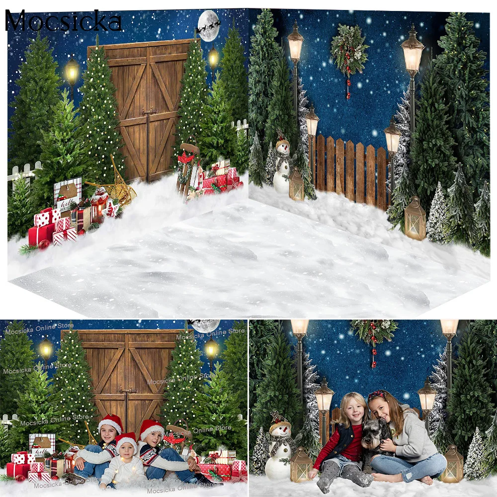 

3D Christmas Forest Background Rustic Door Xmas Street View Adult Kids Winter Portrait Backdrops Dreamy Night Snow Photography