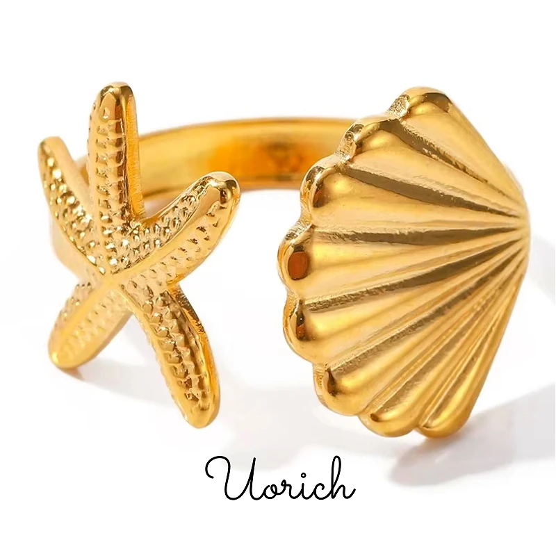 Uorich Fashion Simple Starfish Scallop Opening Ring Stainless Steel Gold Plated 18k for Women Classic Design Jewelry Daily Wear