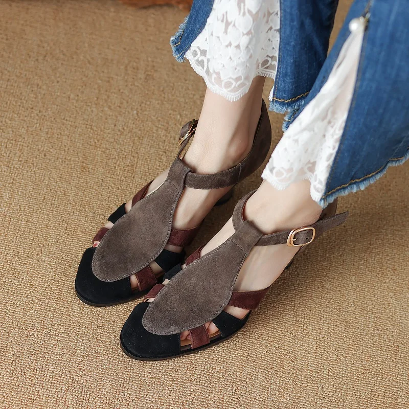 Womens Sandals Retro Ladies Elegant Shoes Sheepsuede Spring Vintage Buckle Strap Close Toe Shoes Roman Style Summer Sandal