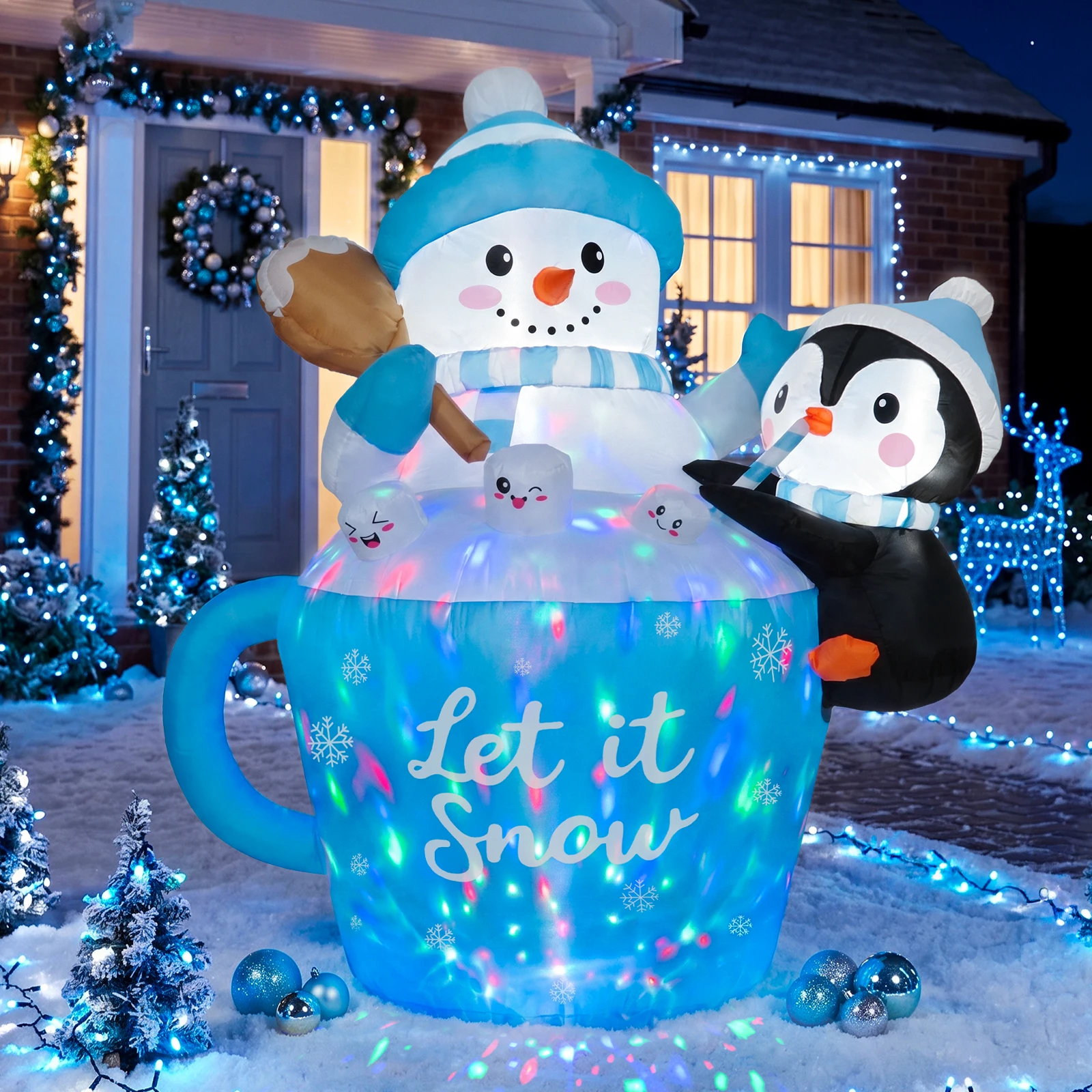 5ft Inflatable Christmas Decoration: Blue Snowman, Penguin, and Cocoa Mug – Outdoor Holiday Decor for Yards and Gardens