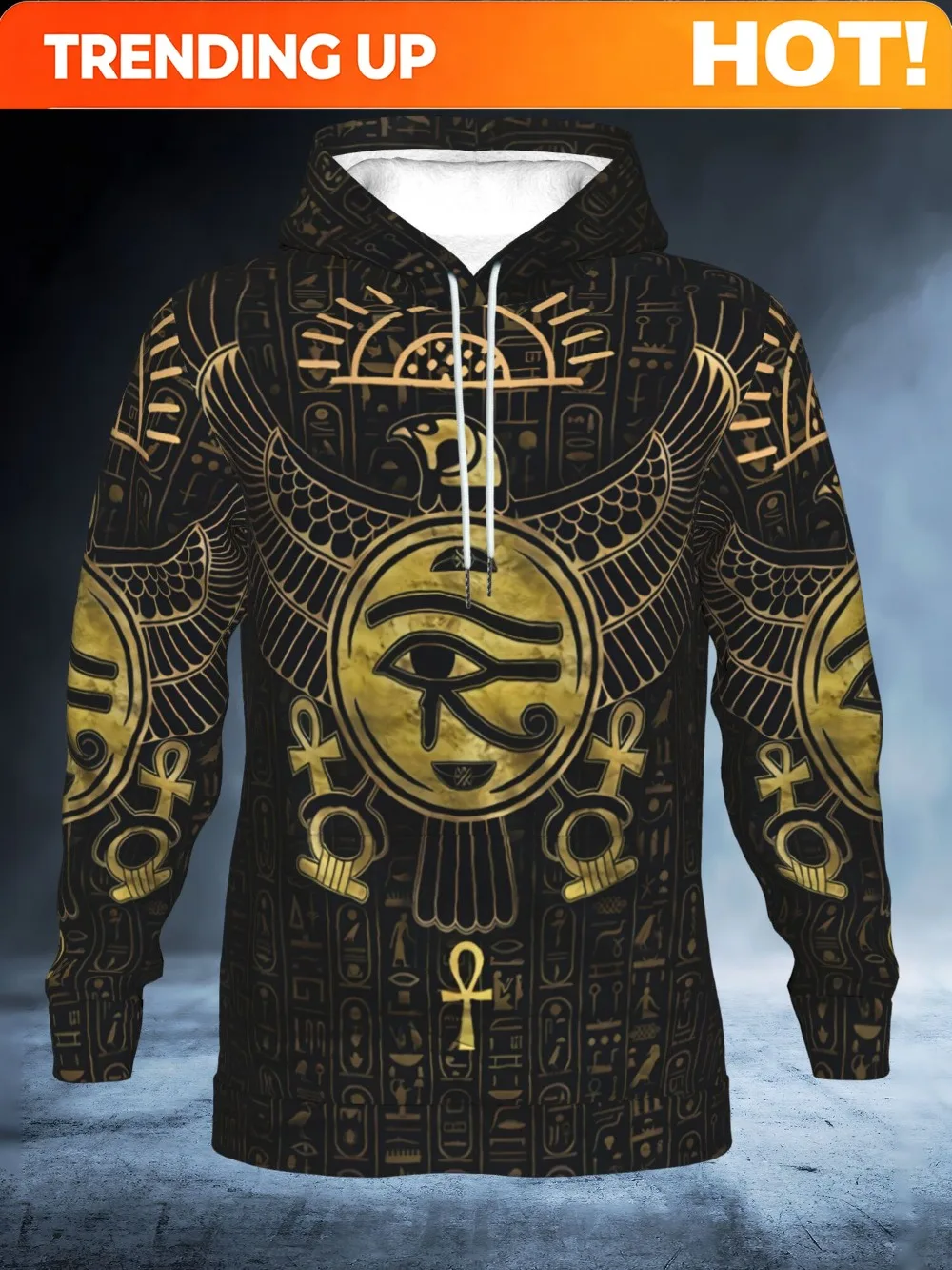 Customization Men'S Ancient Egyptian Style Glowing Double-Sided Hooded Sweatshirt | Anubis And Hieroglyphic Print, Loose Fit Lon