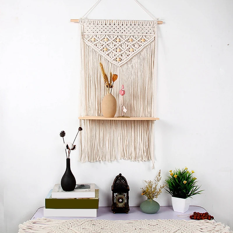 LUDA Boho Macrame Wall Hanging Shelf Handmade Woven Tassel Tapestry Rack Wood Organizer Wall Floating Hanger For Home Decor