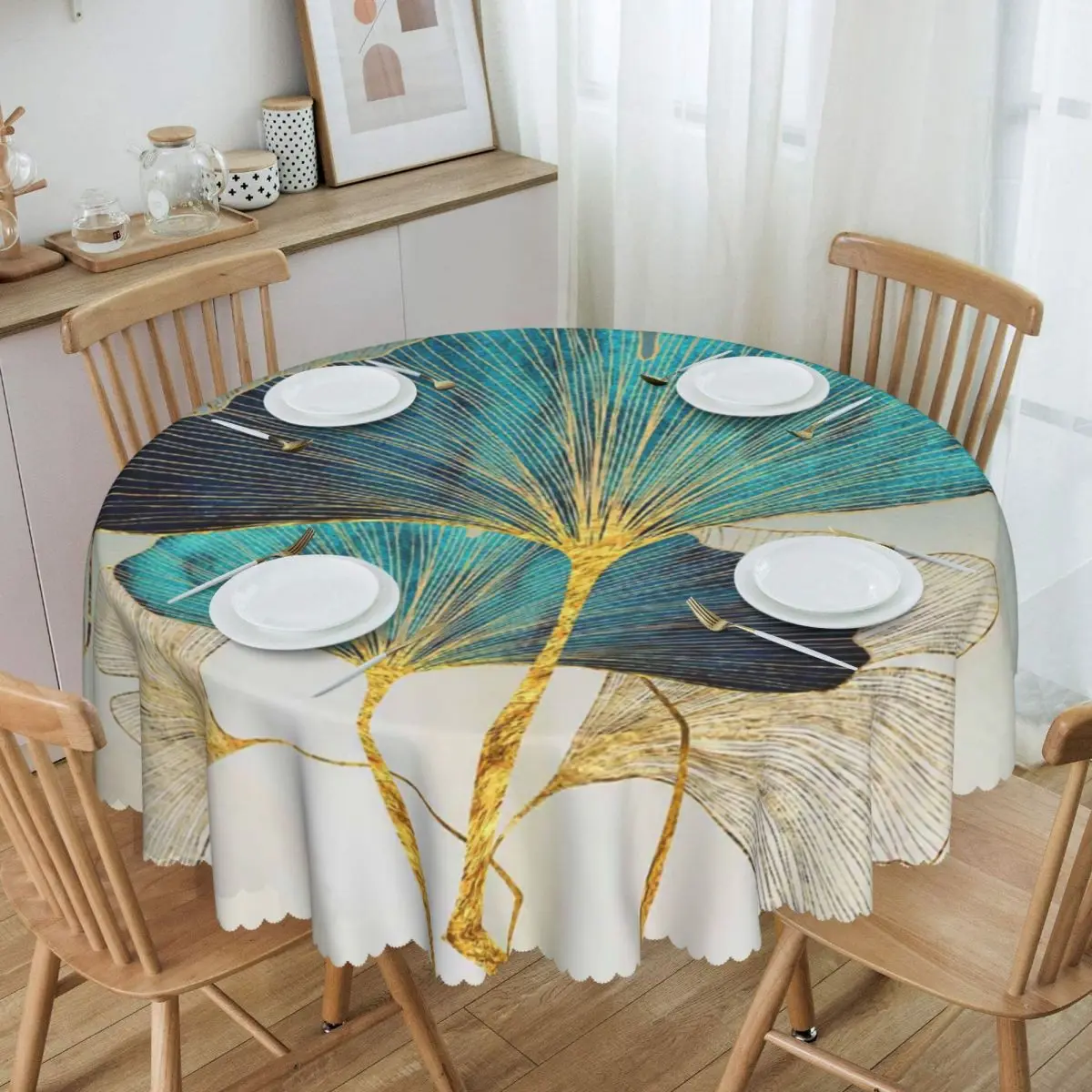 Custom Round Ginkgo Leaf Tablecloth 60 inches Kitchen Dinning Table Cloth Spillproof Table Covers