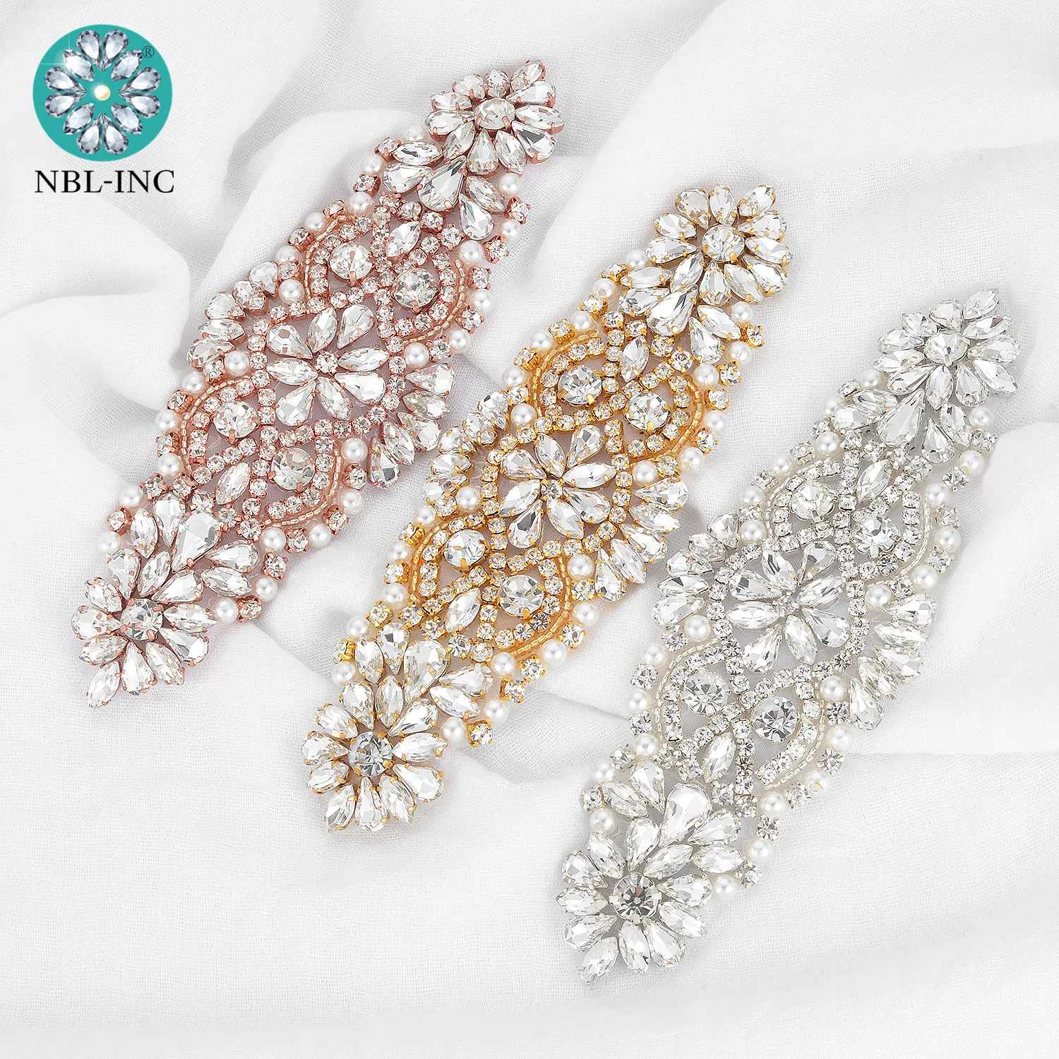 (1PC)Silver crystal rhinestone applique patch pearl belt gold beaded iron on hot fix for wedding dresses clothing sewing WDD0633