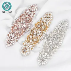 (1PC)Silver crystal rhinestone applique patch pearl belt gold beaded iron on hot fix for wedding dresses clothing sewing WDD0633