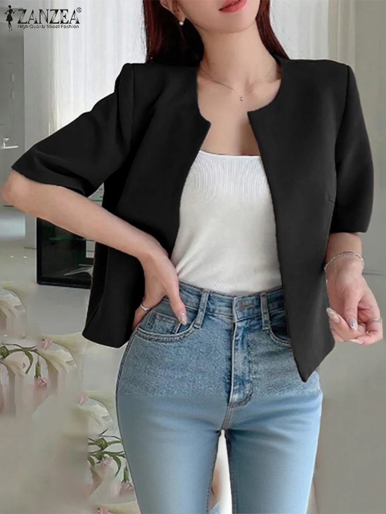 

ZANZEA Women Blazer Fashion Short Sleeve Shirts O-Neck Casual Loose Solid Tunic Tops 2025 Summer Elegant Office Lady OL Blusas
