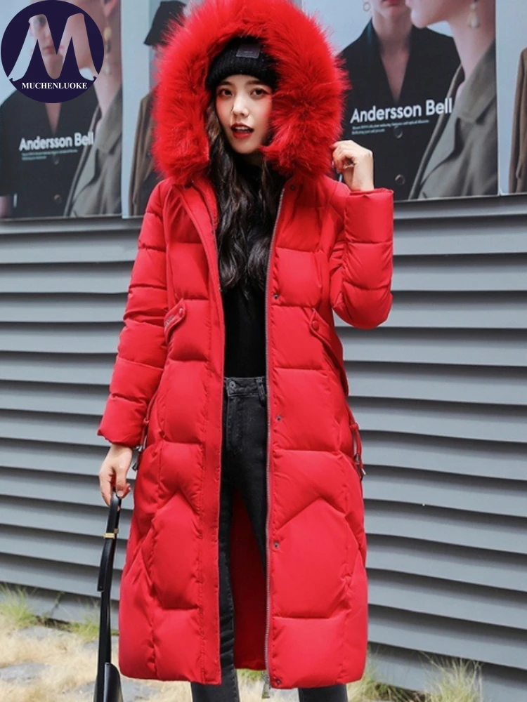 เสื้อแจ็คเก็ตดาวน์ฤดูหนาวสำหรับผู้หญิง ดีไซน์หรูหรา มีฮู้ด แต่งขนเฟอร์ หนา อุ่น ทรงเข้ารูป สไตล์เกาหลี ความยาวปานกลาง