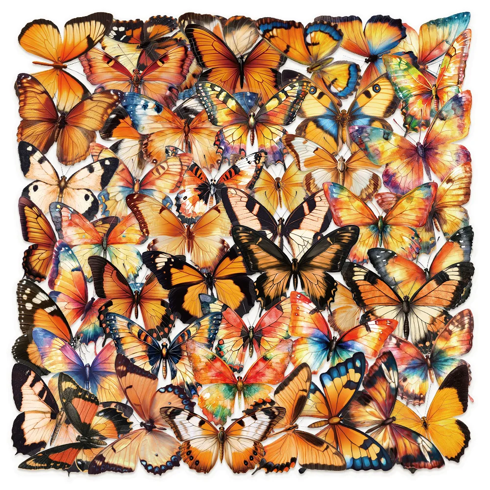 

50PCS Orange Butterfly Sticker Pack Butterfly Material DIY Decoration Guitar Notebook Account iPad Waterproof Sticker Kids Toy