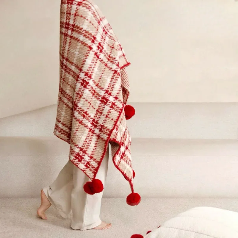 Half Flannel Plaid Blanket with Wool Balls Four Season Universal Red Soft Sofa Blanket Warm Napping Shawl for Home Travel