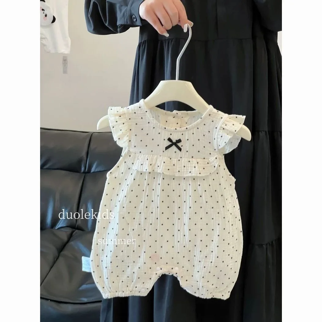 Summer Girls Treasure Flying Sleeve Head Sleeveless Sweet Bow Summer Crawling Clothes Princess Polka Dot Cotton