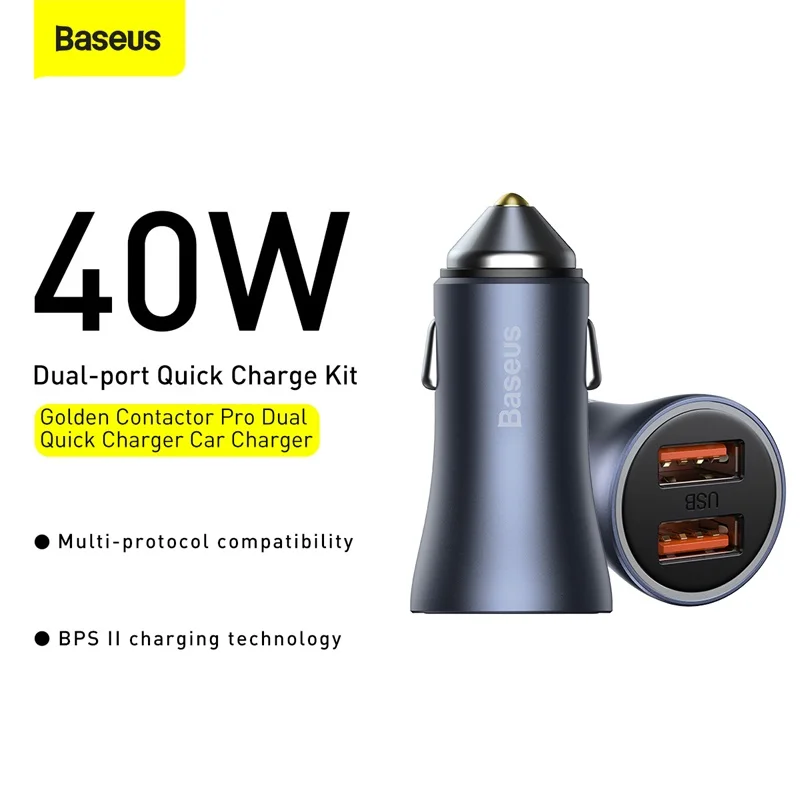 Baseus Golden Contactor Pro Dual Quick Charger Car Charger U+U 40W U+C With Cable