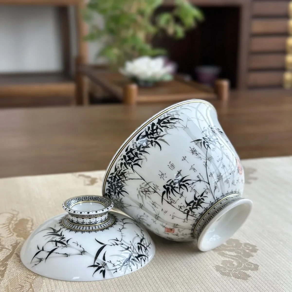 Jingdezhen high-end ceramic hand-painted tea set cover bowl ink color ink bamboo pure handmade