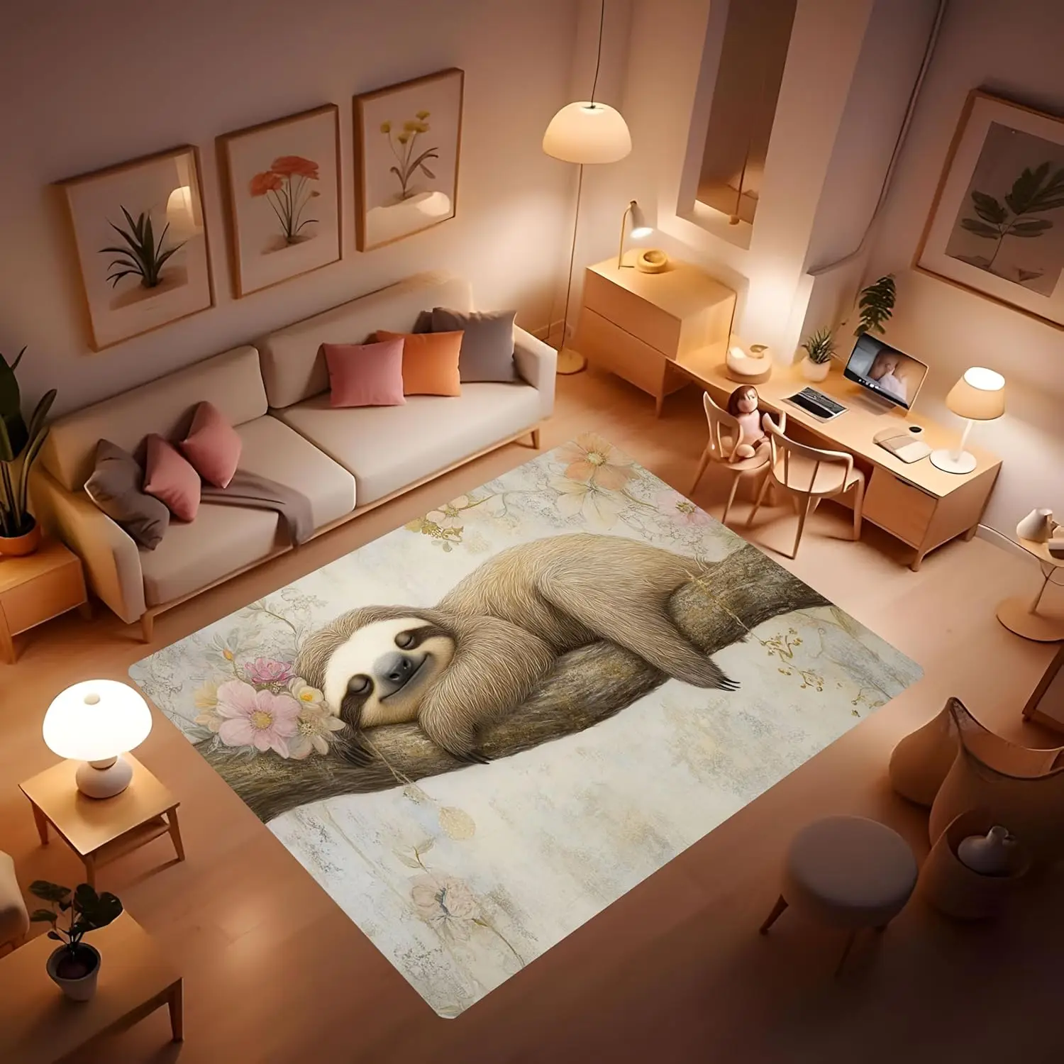 Cute Sloth Carpet - Mr. Sloth on a Leisurely Vacation, Interesting Rug, Cute Animal Palm Leaf Decorative Carpet mat Suitable for
