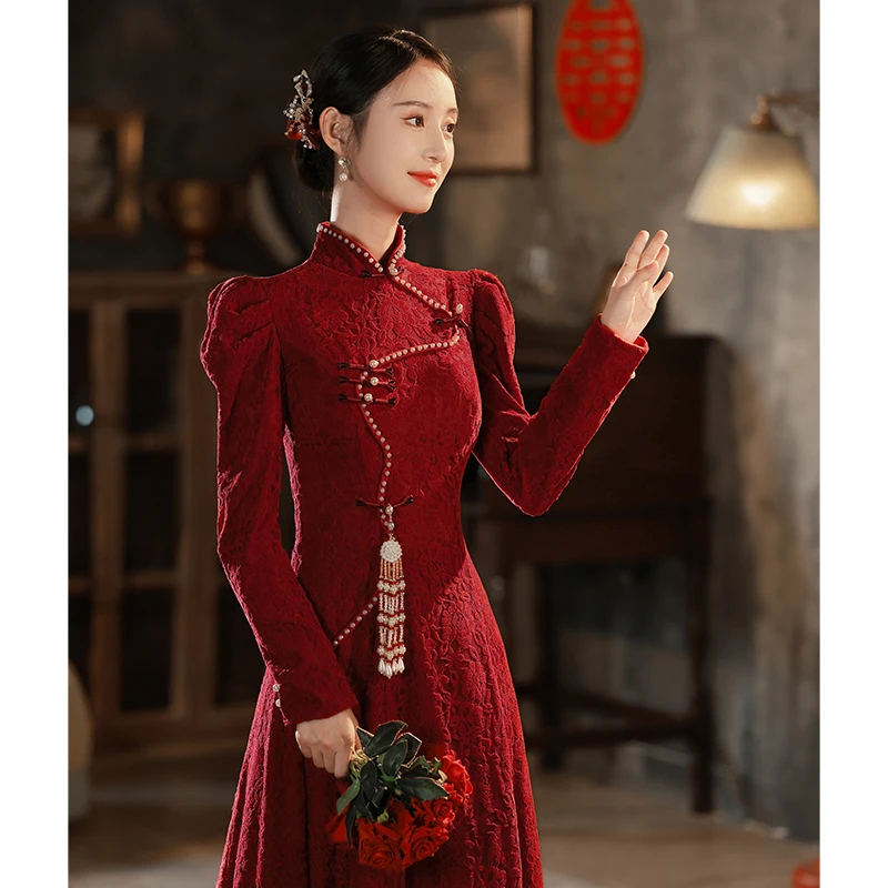 

Red Wedding Dr Engagement Par Long Sve Floor Length Chinese Sle New Bride Costume Autumn Winter New Year