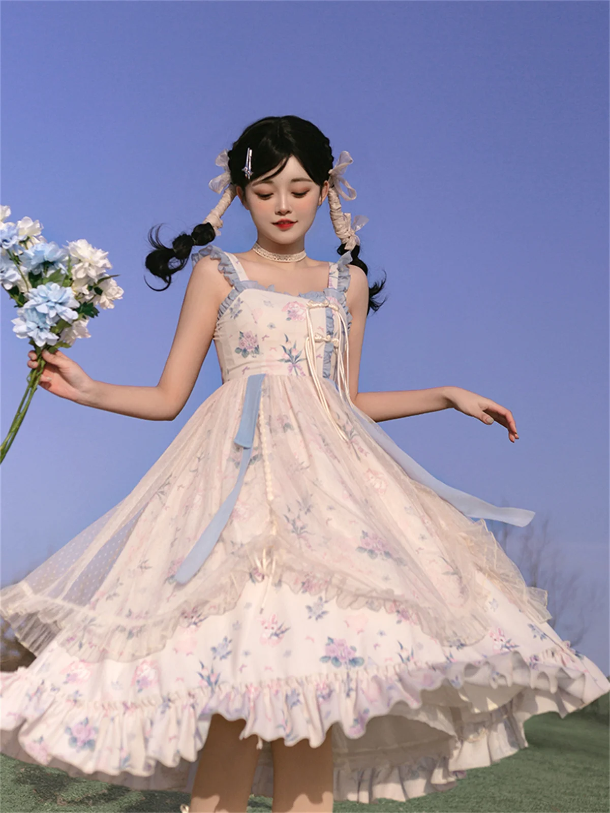 Chinese Idyllic Style Cosplay Lolita Sweet Girls Jsk Cute Loli Lace Ruffle Printing Gentle Rabbit Tulips Mesh Ribbon Dress