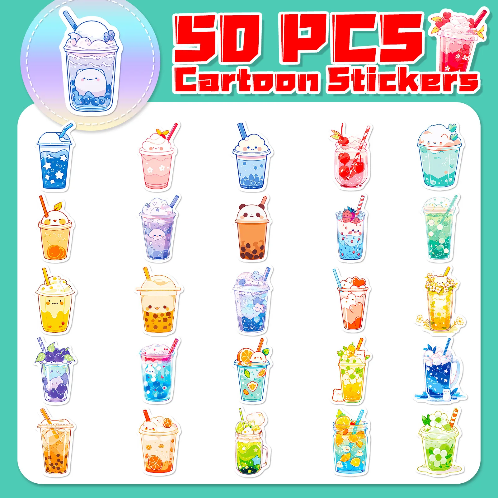 50PCS Cute Pearl Milk Tea Cartoon Graffiti Stickers DIY Phone Guitar Laptop Notebook Suitcase Cup Waterproof Sticker Kids Toy