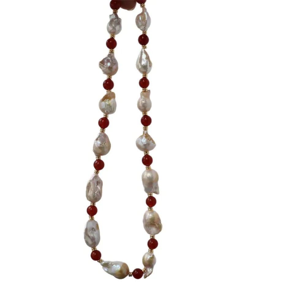 Graceful Goddess Choice Red agate and baroque pearl gold necklace warm red unique shape vintage style daily party jewelry sets