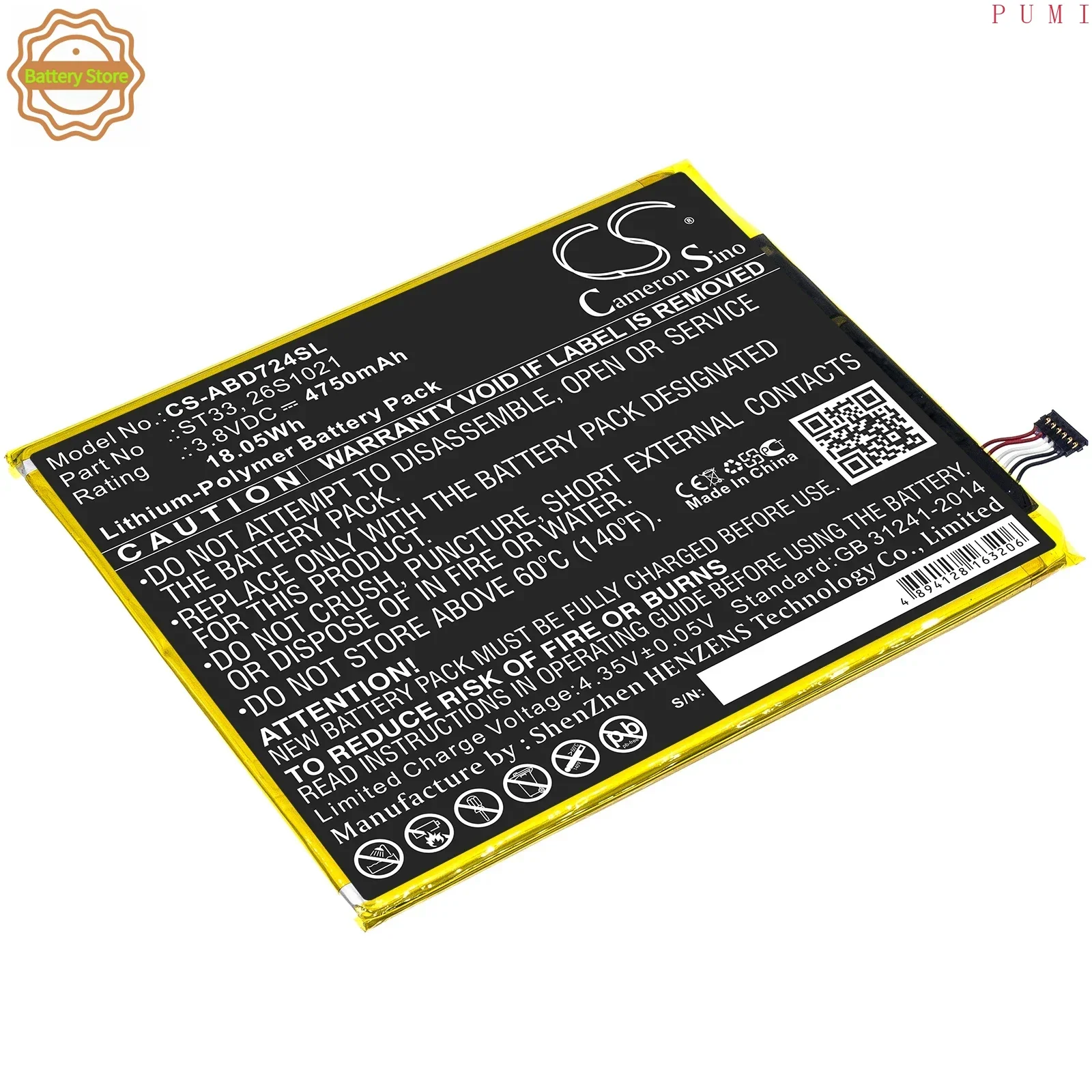 CS Replacement Battery for Amazon Kindle Fire HD 8th,K72LL3,K72LL4 PN:ST33,26S1021,58-000303,58-000313 4750mAh / 18.05Wh