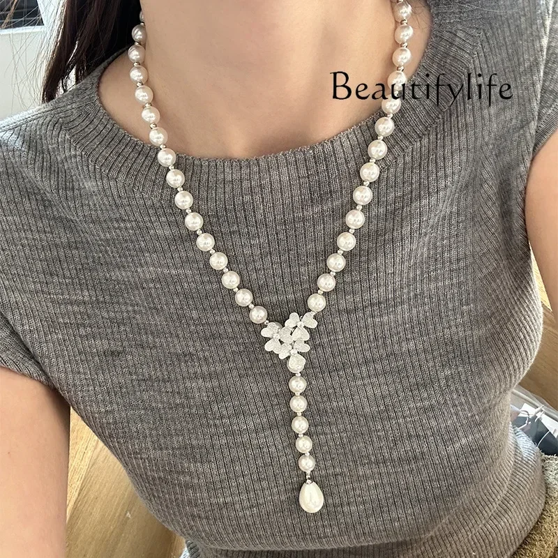 Flower Pearl Necklace Women's Versatile Premium Sense Niche Light Luxury Beaded Chinese Long Sweater Chain