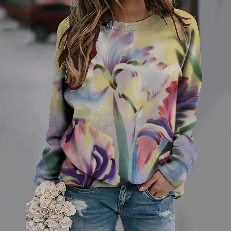 Women\'s Flower Painted Printing Round Neck Long Sleeve Sweatshirt Women\'s Hoodie Loose and Versatile Fashion Y2K Women\'s Hoodie