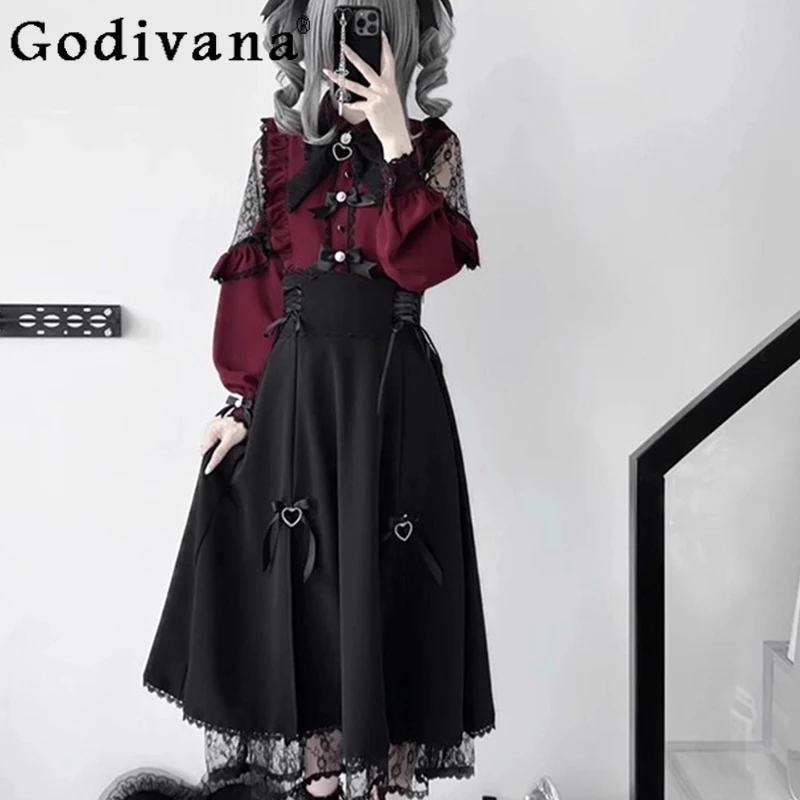 

Летние черно-красные наряды для девочек, кружевная милая рубашка в стиле Лолиты, топ, длинная юбка в стиле Лолиты, женские костюмы с милой юбкой в японском стиле