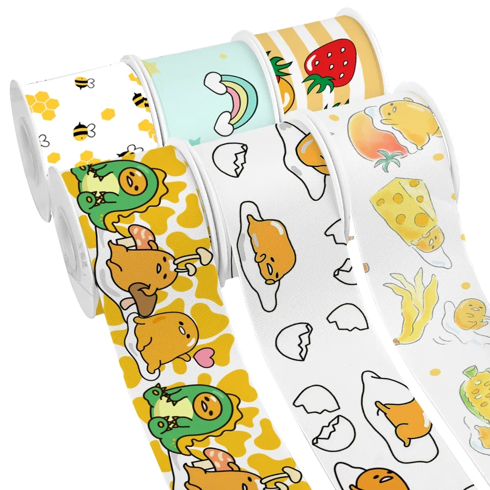 Japanese Sanrio Yellow Yolk Gudetama Pattern Printed Grosgrain Satin Ribbon for Gift Wrapping Hair Bow Craft Accessory 50 Yards