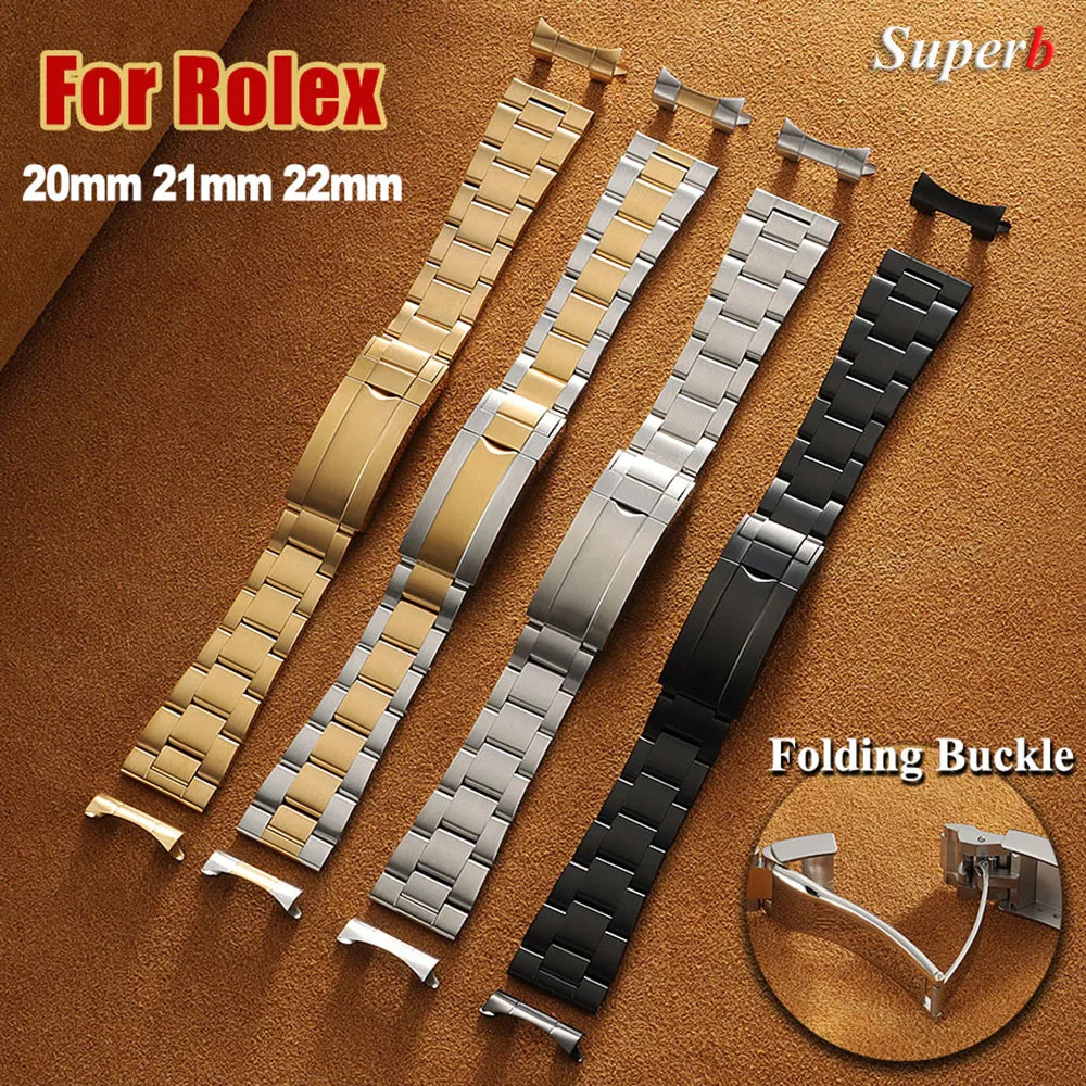 

Браслет для часов из нержавеющей стали с изогнутым концом для Rolex для Oyster 20 мм 21 мм 22 мм, ремешки с складной пряжкой, мужские браслеты, металлический ремешок на запястье