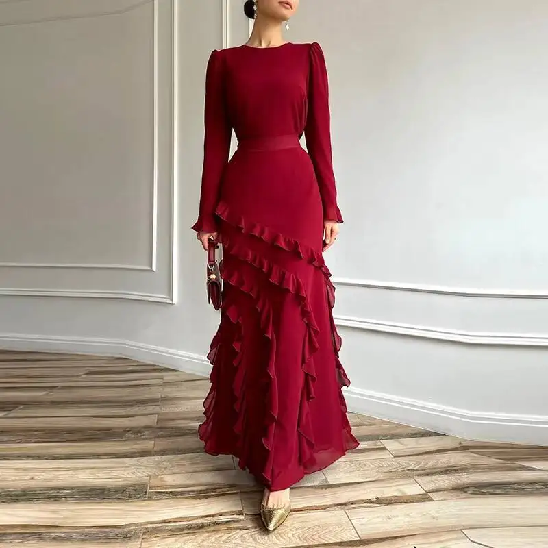 Fashion O Neck Tops Skirts Outfits Women Casual Long Sleeve Ruffle Solid Slim Suit Elegant Premium Draped Pc Sets #3