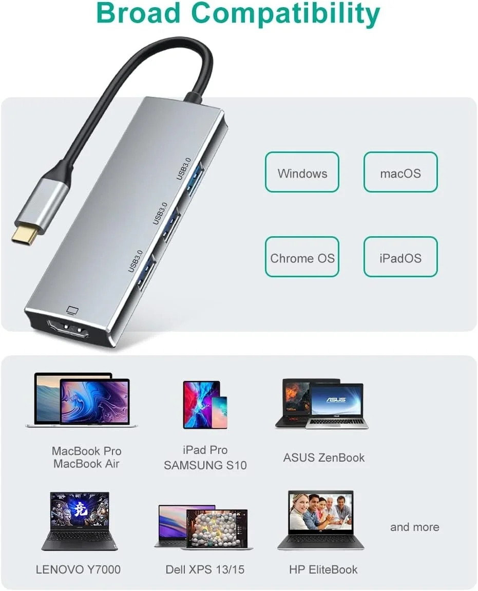 5 قطعة 4K لمحول HDMI USB C Hub 4in1 Type C Hub 3.0 منافذ USB متوافقة مع ماك بوك/Air IPad Pro/الهواء/البخار سبائك الألومنيوم Compu #6