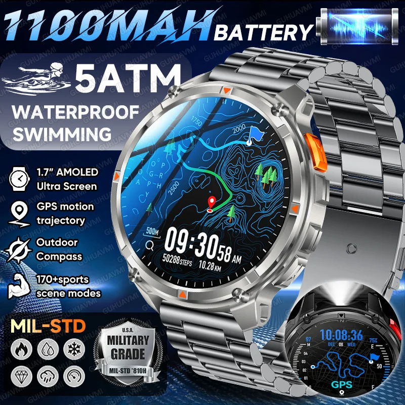 

2026 New Military 1100mAh Large Battery Durable Adult Smart Watch GPS LED Flashlight 5ATM Waterproof Call 1.7" Sports Smartwatch
