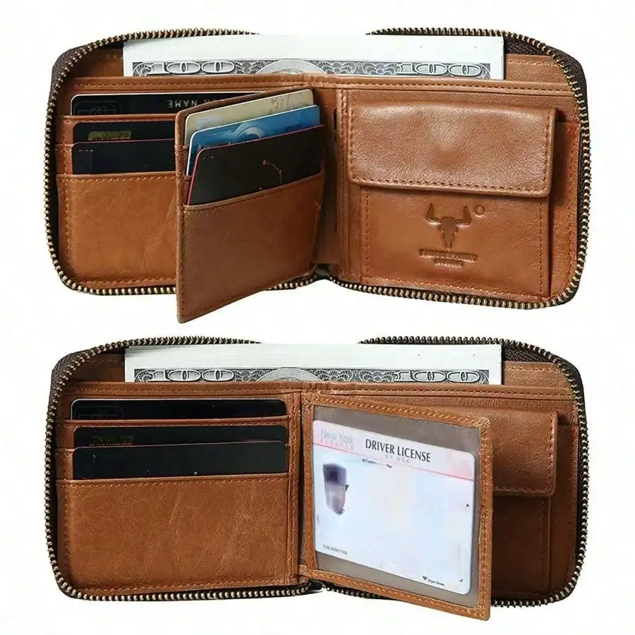 

RFID Blocking Genuine Leather Zipper Wallet For Men, Bifold Slim Wallet With Zipper Coin Pocket, Credit Card Slots - Ideal Gift