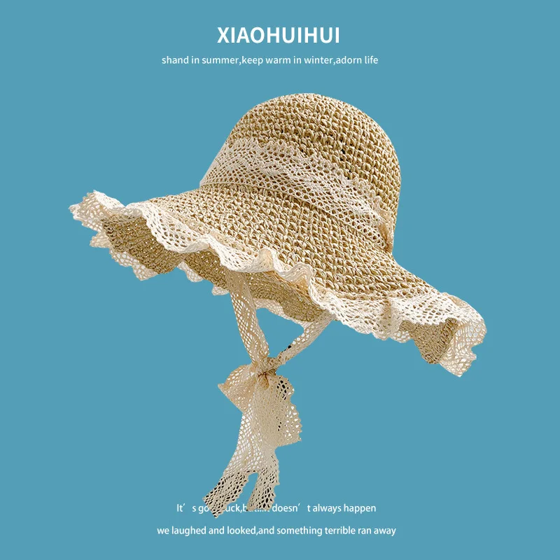 Japanese Sweet Strawberry Cherry Beige Straw Hat Female Lace Brim Straw Bucket Hat Vacation Beach Hat