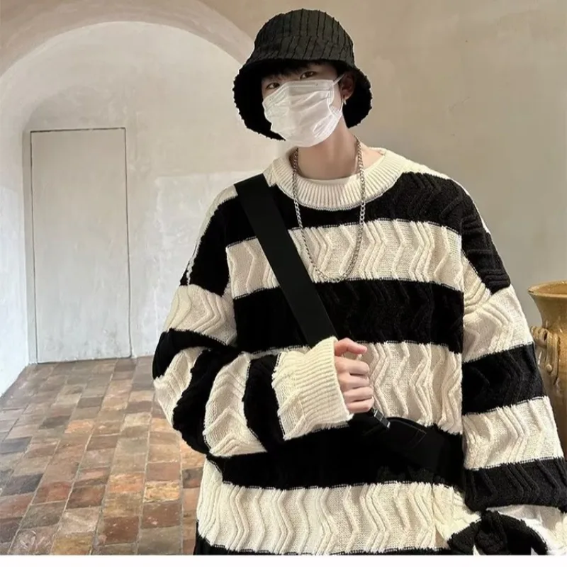 

Laid-ba Sle Thiened Knitted Sweater Men's Loose Fit Autumn Winter Faion Diamond Pattern Baseball Collar Long Sve Top