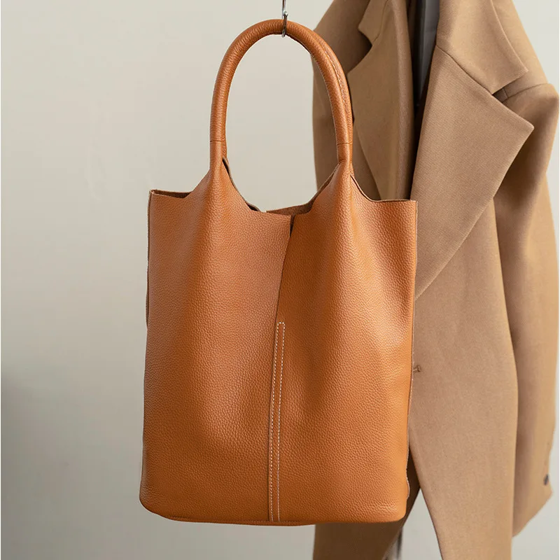 Genuine Grade Cow Leather Women's Tote Luxury Designer Brand Ladies Soft Cowhide Shoulder Handbag Large Female Bucket Bag New