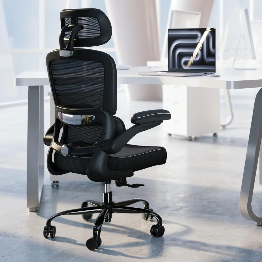 Ergonomic Office Chair with Adjustable Headrest and Lumbar Support Mesh Computer Chair Flip-up Armrests for Home Office Black