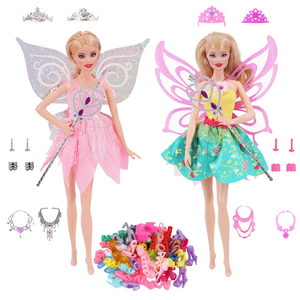 Barbies Doll Clothes Fairy Dress Butterfly Wing One Piece Dress Suitable For 11.8 inch Doll Evening Party Dress Magic Wand Shoe